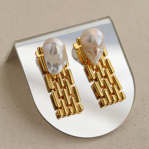 Bold Baroque Pearls Gold Chain Earrings